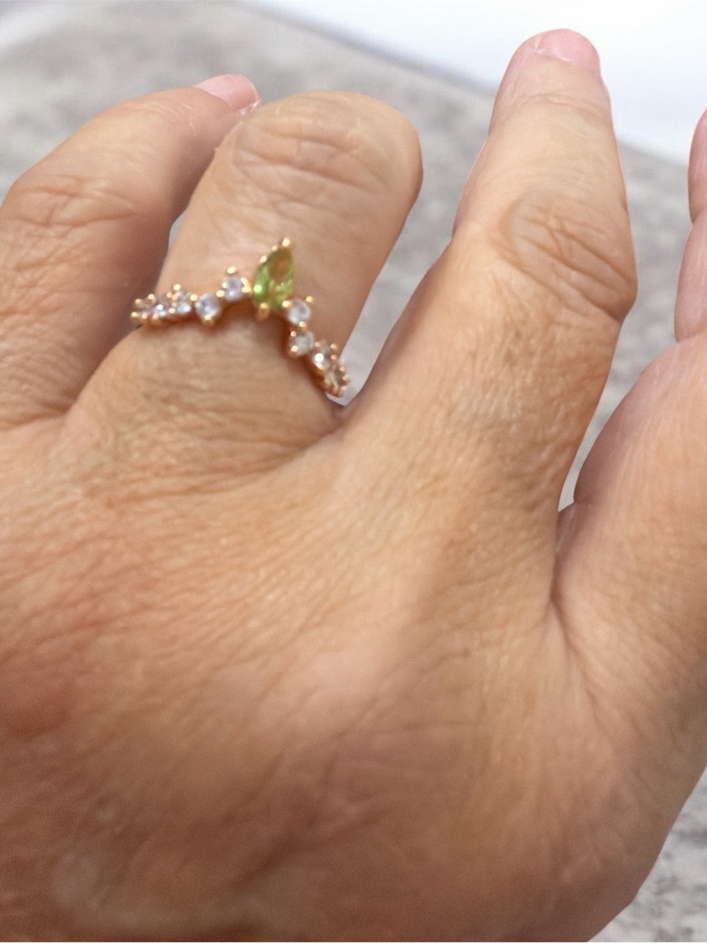 Rose Gold Ring with peridot Stone and Clear Accents